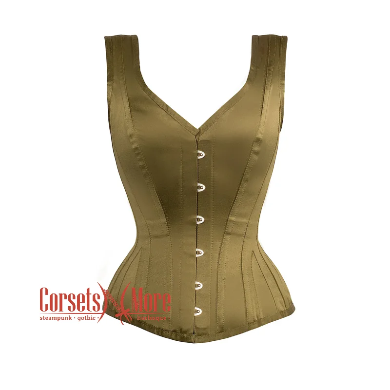 Olive Green Satin Burlesque Shoulder Strap Corset Gothic Overbust Bustier Top