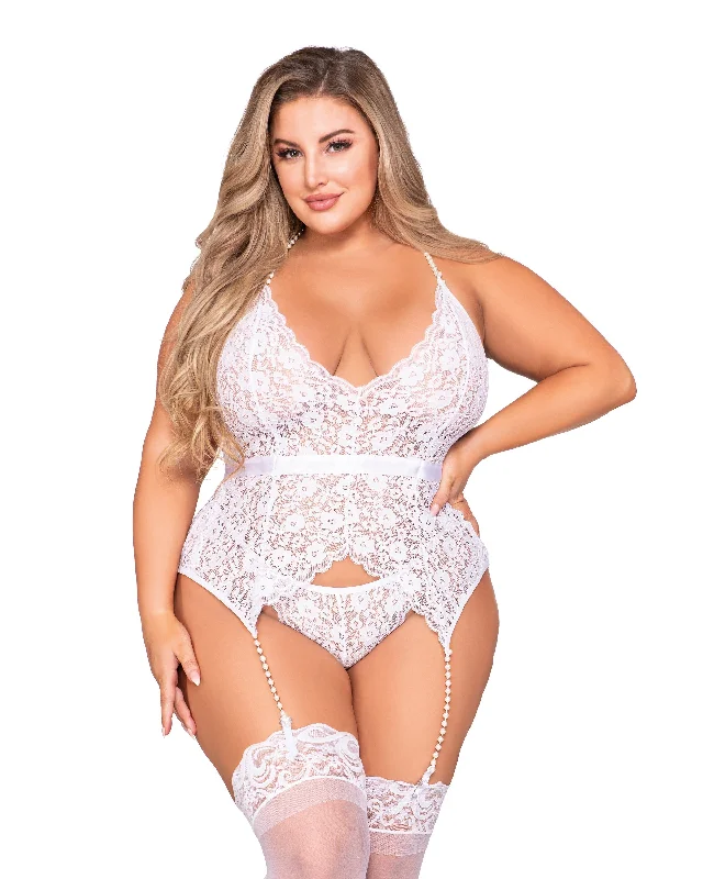 Dreamgirl Plus Size Stretch Lace Halter Bustier & G-String Set with Pearl Trim