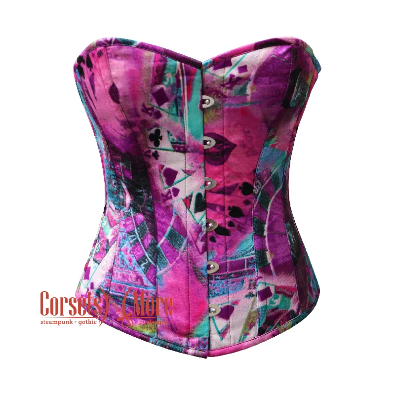 Purple Printed Satin Gothic Waist Training Costume Overbust Corset