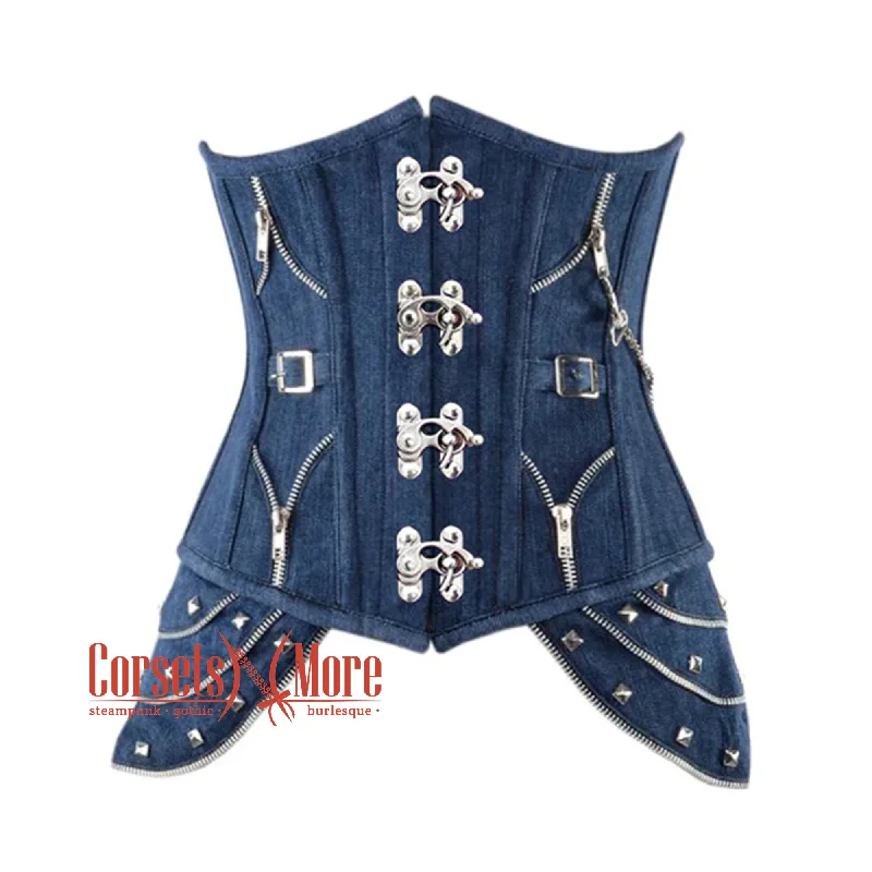 Blue Denim Gothic Heavy Duty Front Clasps Steampunk Waist Training Underbust Corset