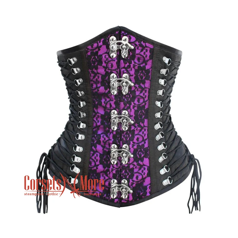 Purple And Black Satin Net Overlay Gothic Waist Training Steampunk Underbust Corset