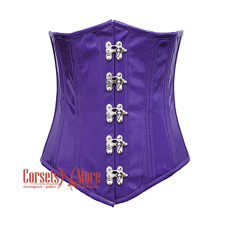 Purple PVC Leather With Front Silver Clasps Gothic Long Underbust Waist Training Corset