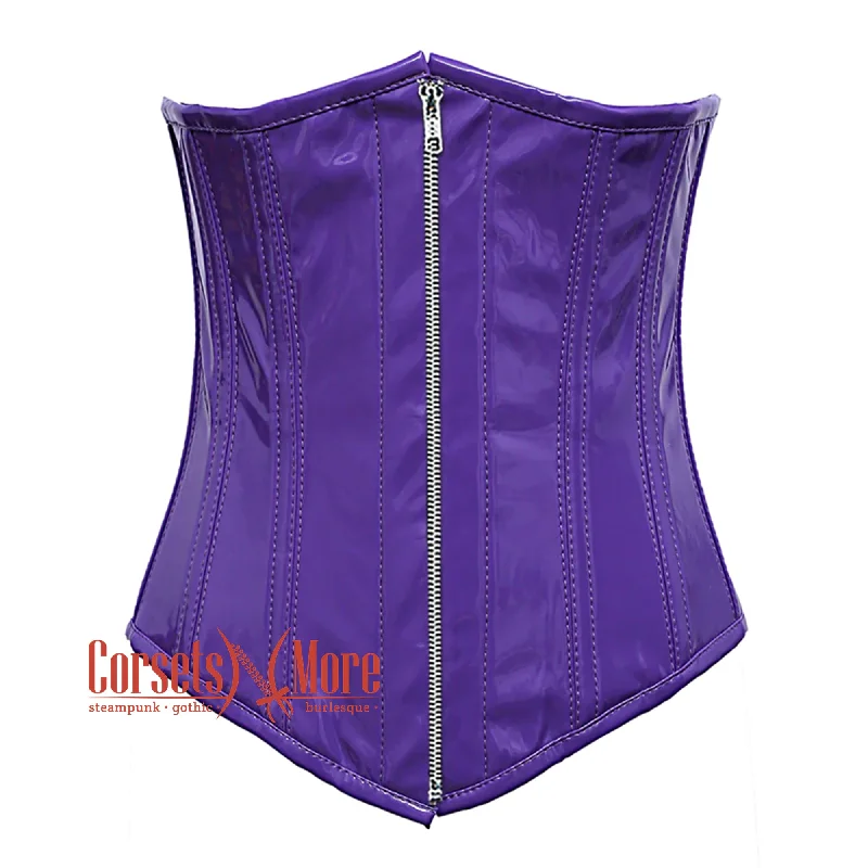 Purple PVC Leather With Front Silver Zipper Gothic Long Underbust Waist Training Corset