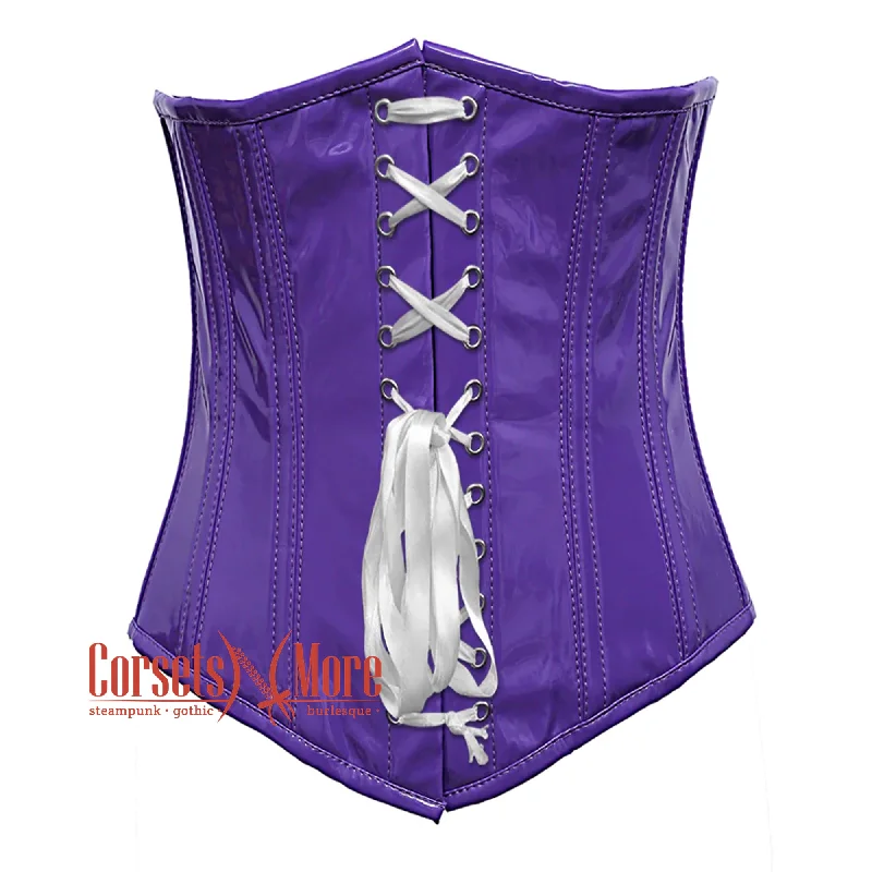 Purple PVC Leather With White Lace Gothic Long Underbust Waist Training Corset