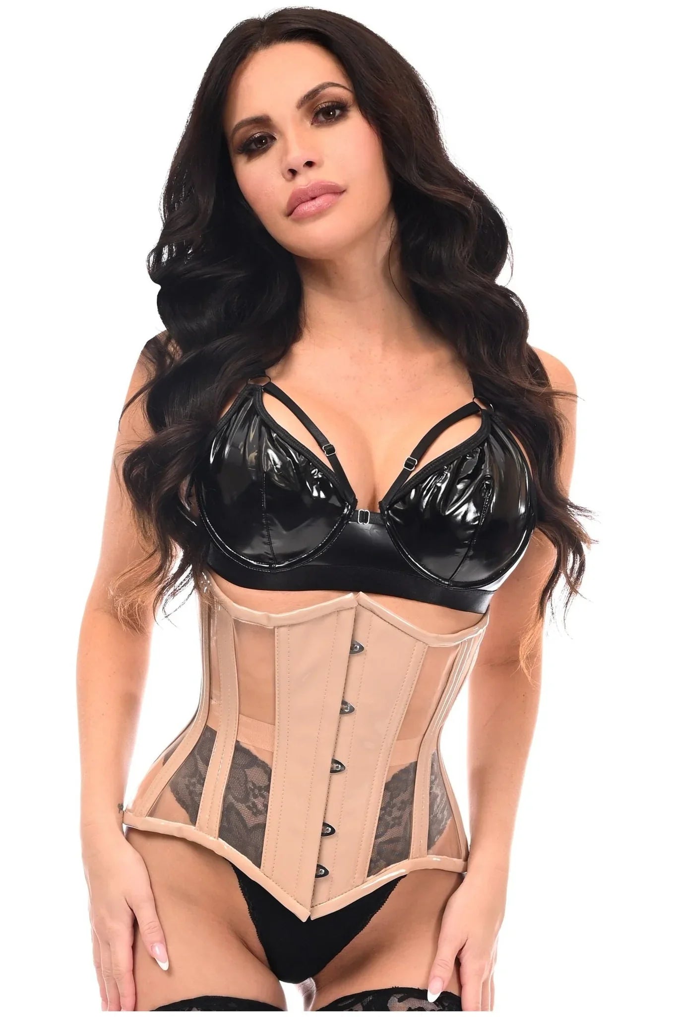 Queen Top Drawer Patent & Mesh Steel Boned Underbust Corset