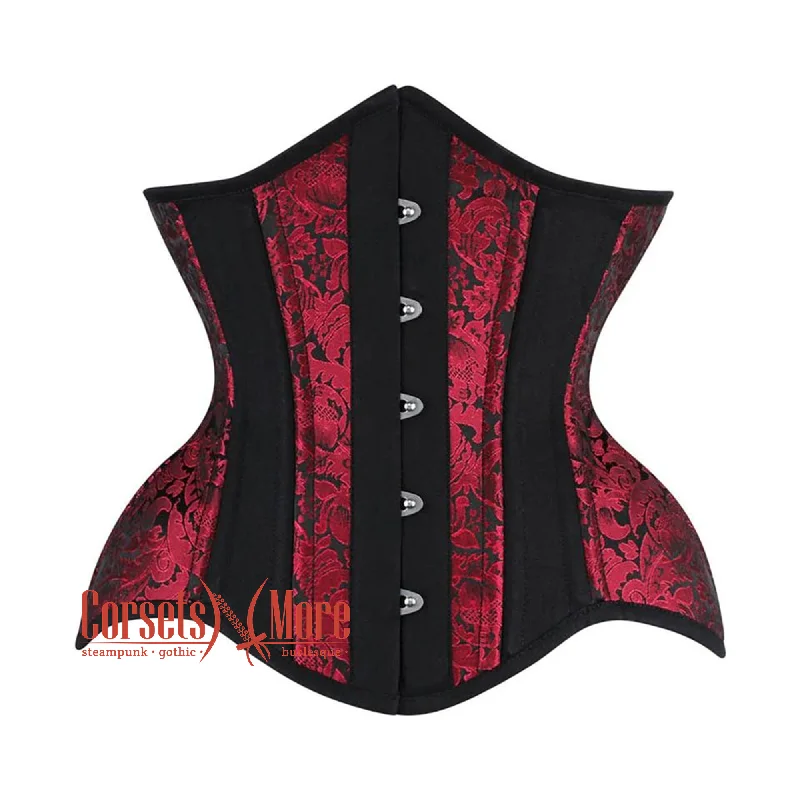 Red and Black Brocade Black Cotton With Front Silver Busk Gothic Underbust Corset