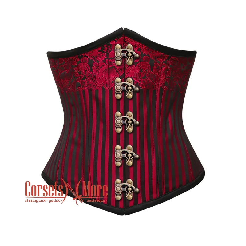 Red and Black Brocade Steel Boned Front Antique Clasps Underbust Corset