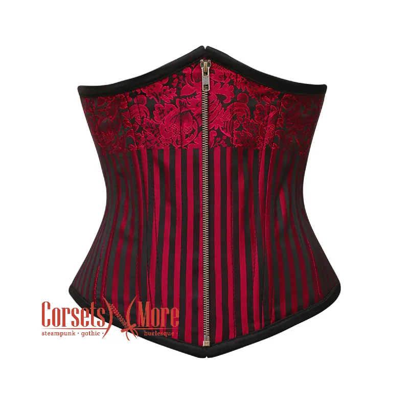 Red and Black Brocade Steel Boned Front Antique Zipper Underbust Corset