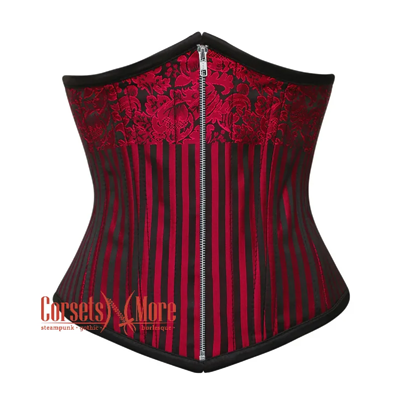 Red and Black Brocade Steel Boned Front Silver Zipper Underbust Corset