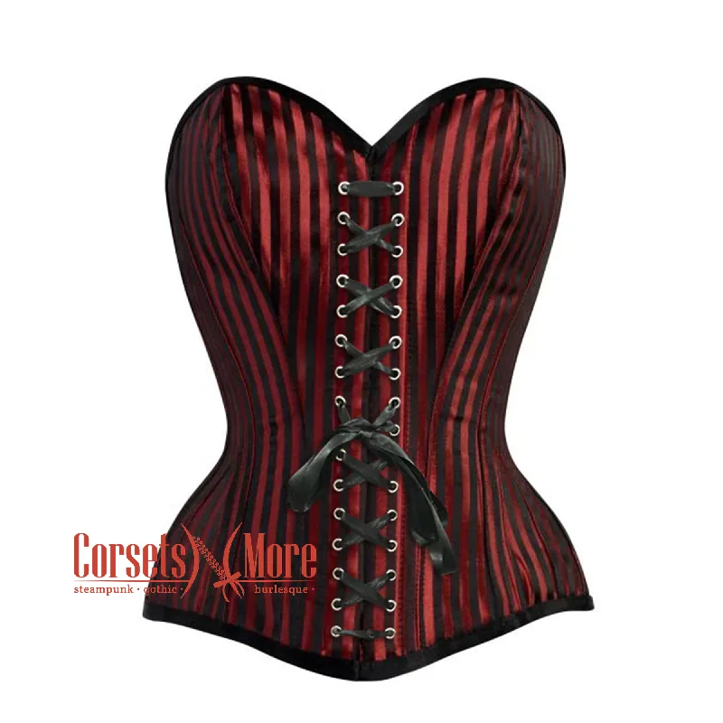 Red And Black Striped Brocade Front Lace Steampunk Costume Gothic Corset Overbust Top