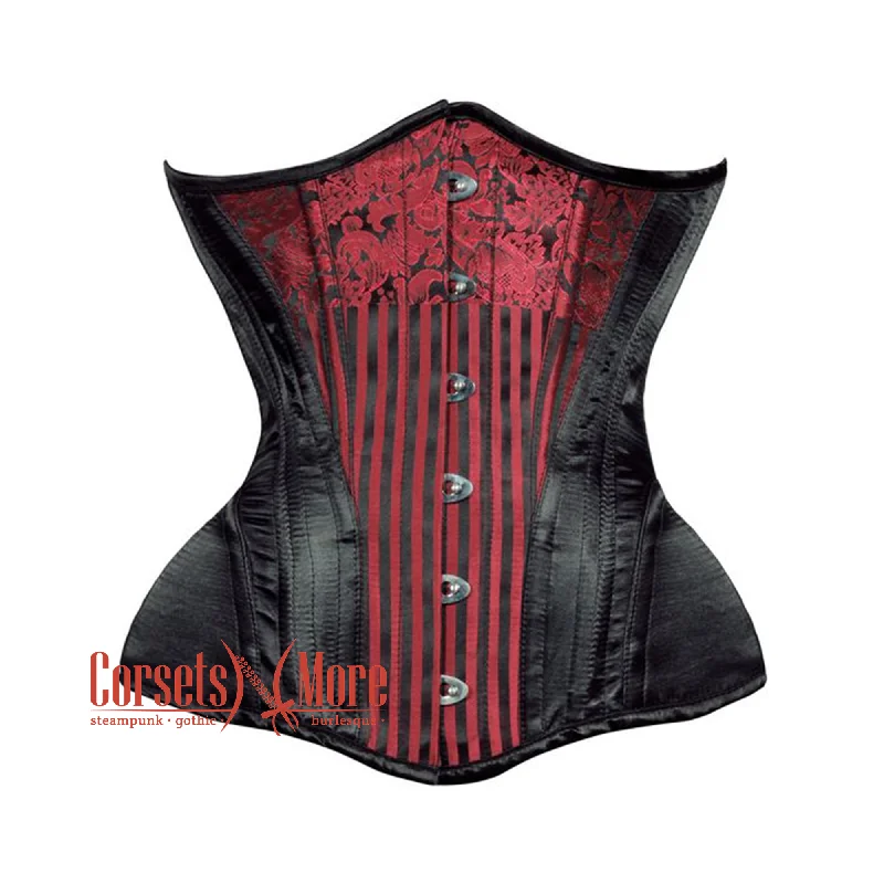 Red Brocade Black Satin Double Bone Burlesque Waist Training Underbust Corset