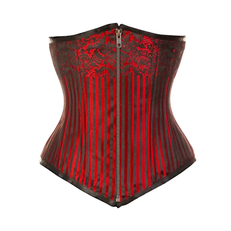 Red Brocade Double Boned Antique Zipper Long Underbust Steampunk Corset