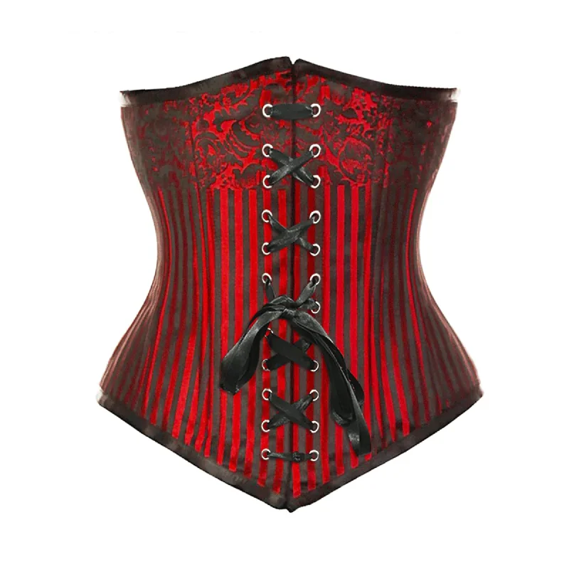 Red Brocade Double Boned Black Ribbon Design Long Underbust Steampunk Corset