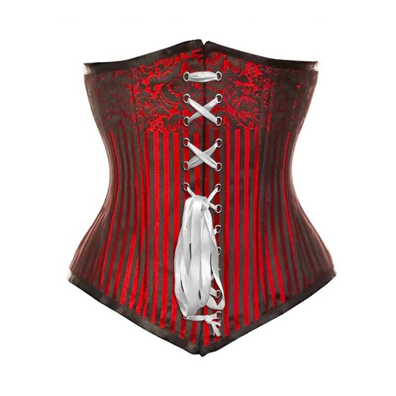 Red Brocade Double Boned Front Ribbon Long Underbust Steampunk Corset