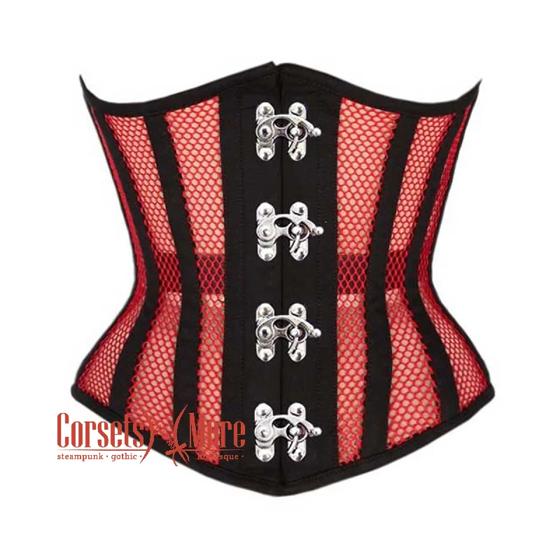 Red Mesh Black Cotton Gothic Front Clasps Waist Training Underbust Corset