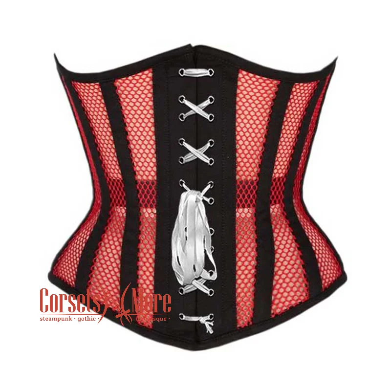 Red Mesh Black Cotton Gothic Lace Design Waist Training Underbust Corset