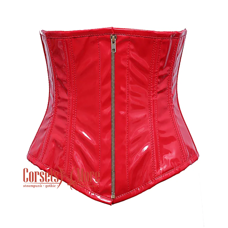 Red PVC Leather Front V Shape Antique Zipper Underbust Steampunk Corset