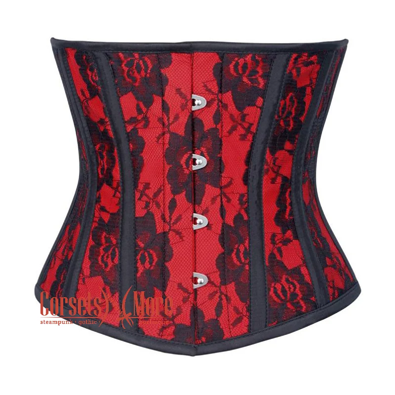 Red Satin Net Overlay Burlesque Waist Training Underbust Corset