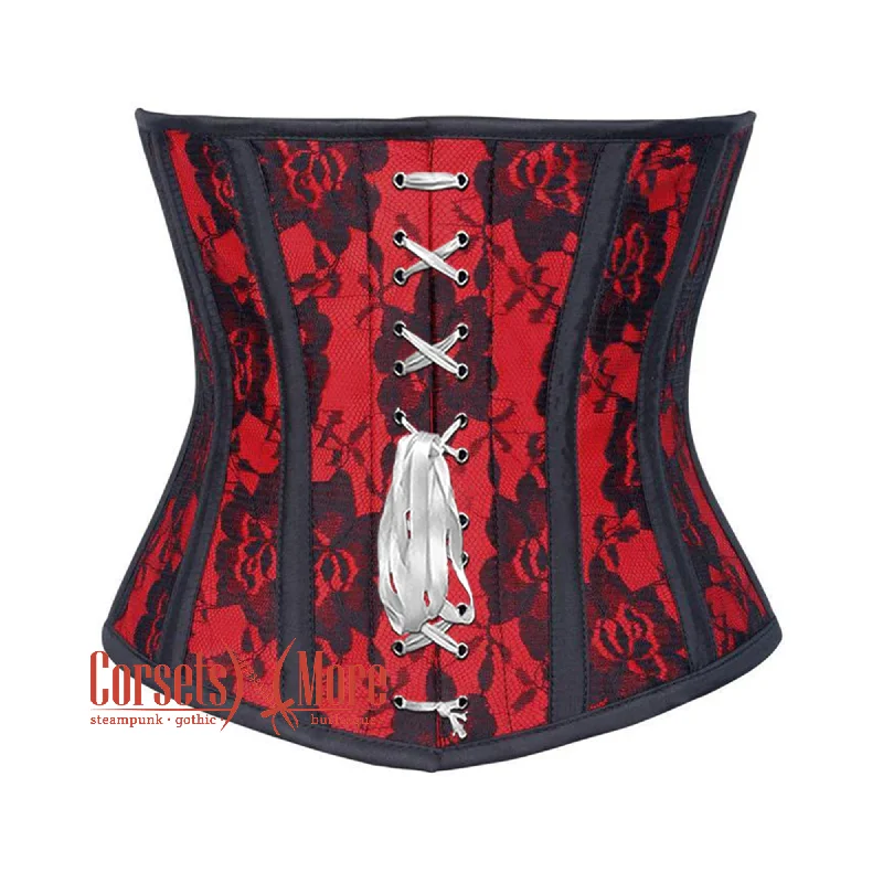 Red Satin Net Overlay Gothic Waist Training Steampunk Underbust Corset