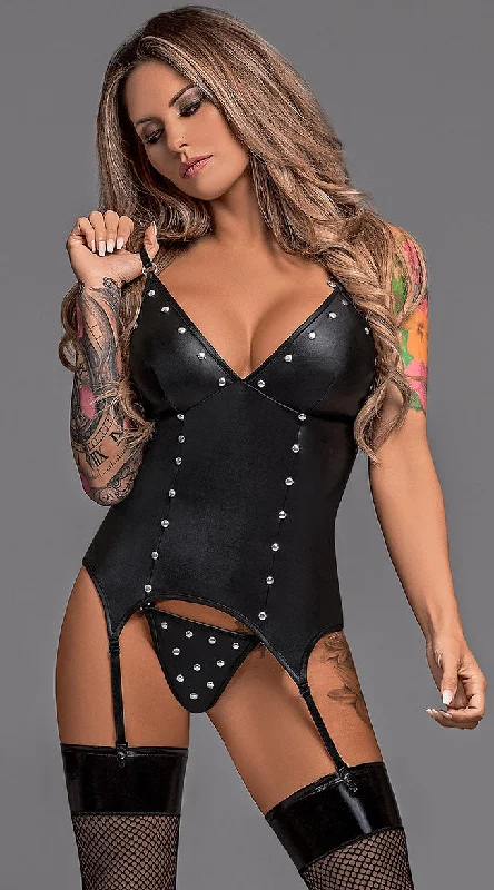 Sexy faux leather bustier set with silver details