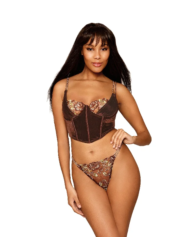 Stretch Velvet and Embroidered Band Bustier & G-string Set