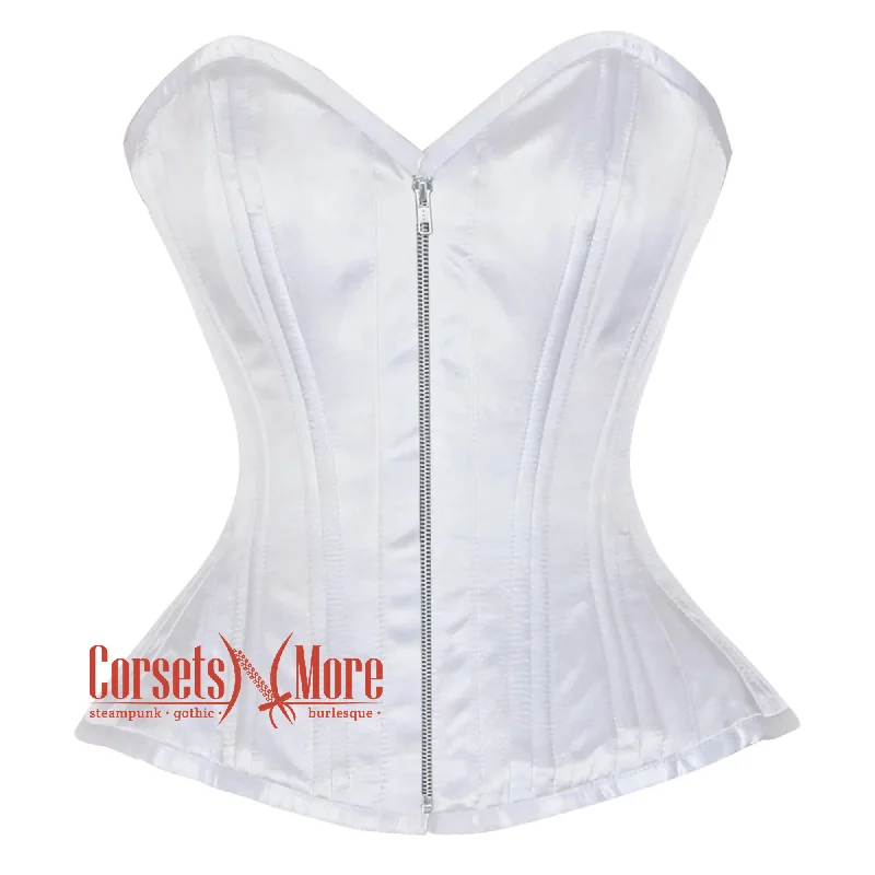 White Satin Burlesque Double Bone Front Zipper Waist Training Costume Gothic Corset Overbust Top