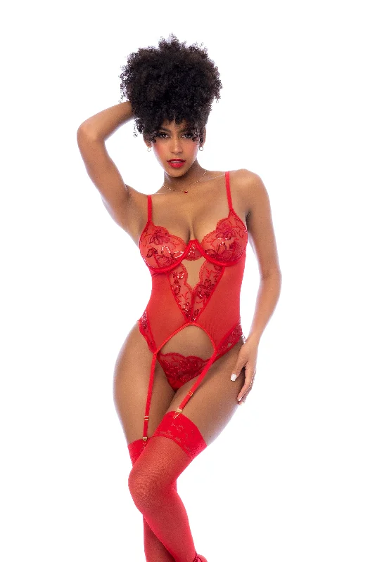 Red Lace & Embroidered Sequin Underwire Bustier w/ Garter Straps & Thong Lingerie