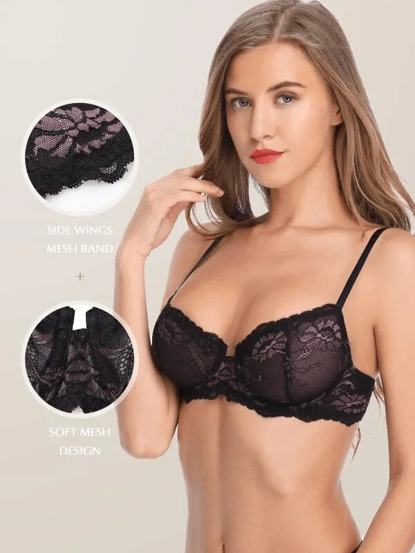 Eyelash Lace Demi Sexy Sheer Lace Balconette Bra Black