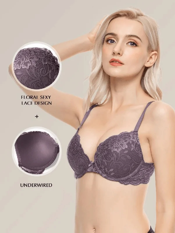 Lace Push Up Bra Lightly Padded Demi Plunge Bra Purple