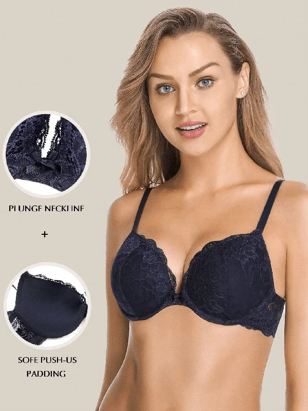 Floral Lace Push-Up Lightly Padded Demi Plunge Underwire Bra Dark Blue