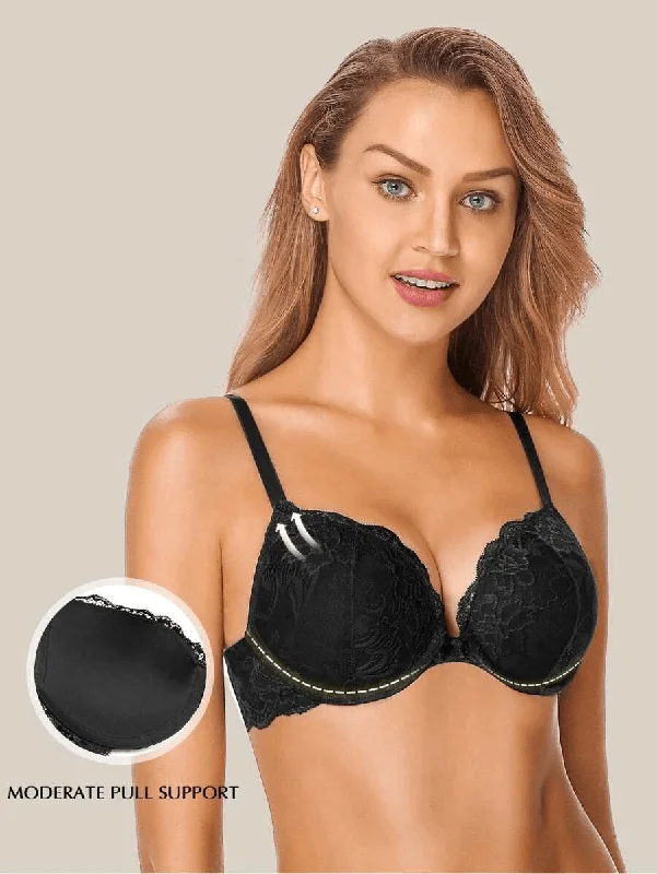 Floral Lace Push-Up Lightly Padded Demi Plunge Underwire Bra Black