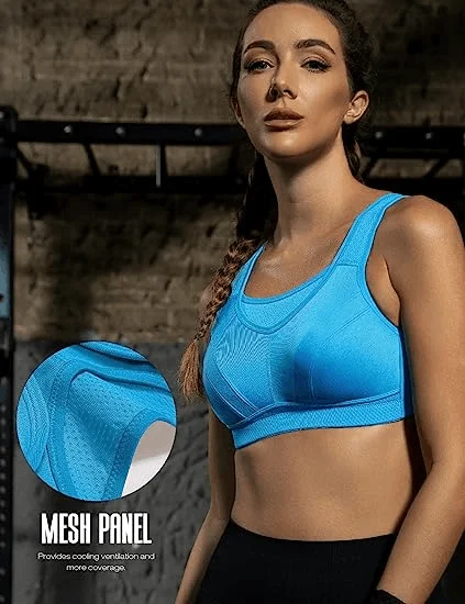 Full Coverage High Support Solid Sports Bra Blue