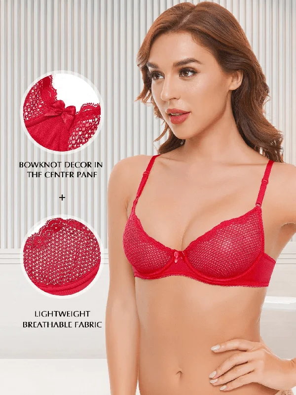 See Through 1/2 Cup Lace Underwire Demi Bra Lava Red