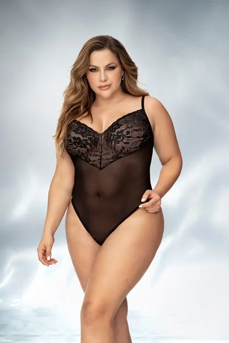 Plus Size Sexy Black Sheer Mesh Floral Lace Bodysuit Lingerie