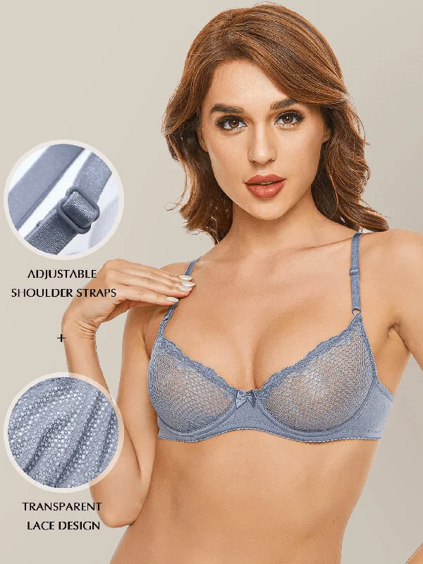 See Through 1/2 Cup Lace Underwire Demi Bra Grey