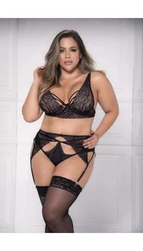 Black Underwire Bra, Thong, & Garter Three Piece Plus Size Lingerie Set