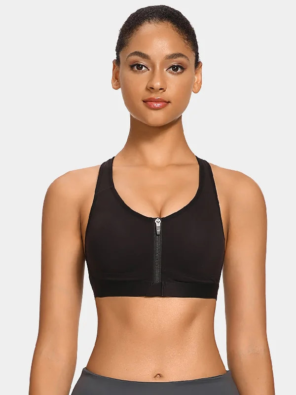 Front Closure Padded Zip Racerback Sports Bra Black